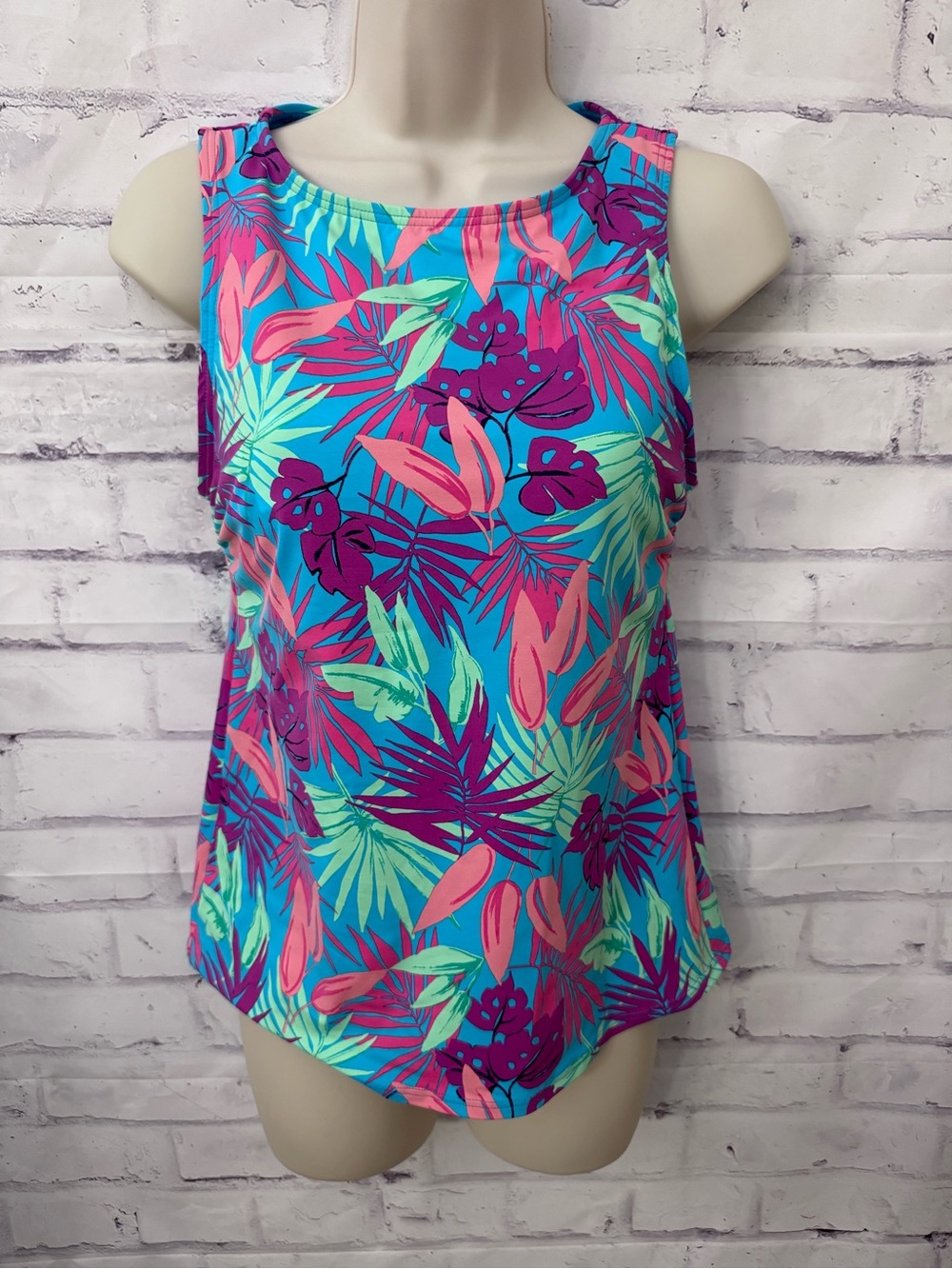 Lands’ End Size 4 Aqua Floral High Neck Modest Tankini Swimsuit Top Resort